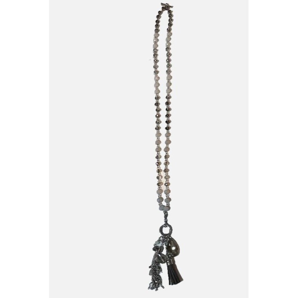 Bohemian Modern Chic Silver, Gray, White Beaded Necklace w/4 Bangle Charms